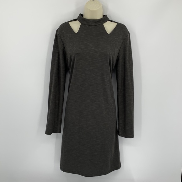 Lanston knit shift dress triangle cut-out olive green burnout long sleeve Medium - Picture 1 of 5